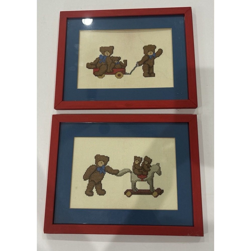 Vintage Set Of Teddy Bear Nursery Wall Art Decor Needlepoint Cross Stitch Framed